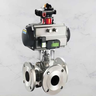 DN50 stainless steel 3way flanged pneumatic actuated ball valve